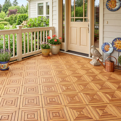 12x12 inch acacia wood interlocking deck tiles with waterproof design, natural finish, suitable for outdoor patio or balcony decor.