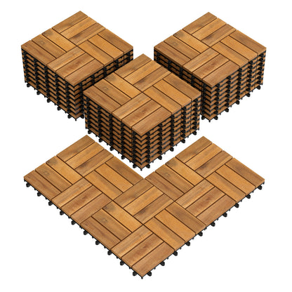 Natural acacia wood interlocking deck tiles, 12x12 inch, waterproof design, 27-piece set for decorative flooring.