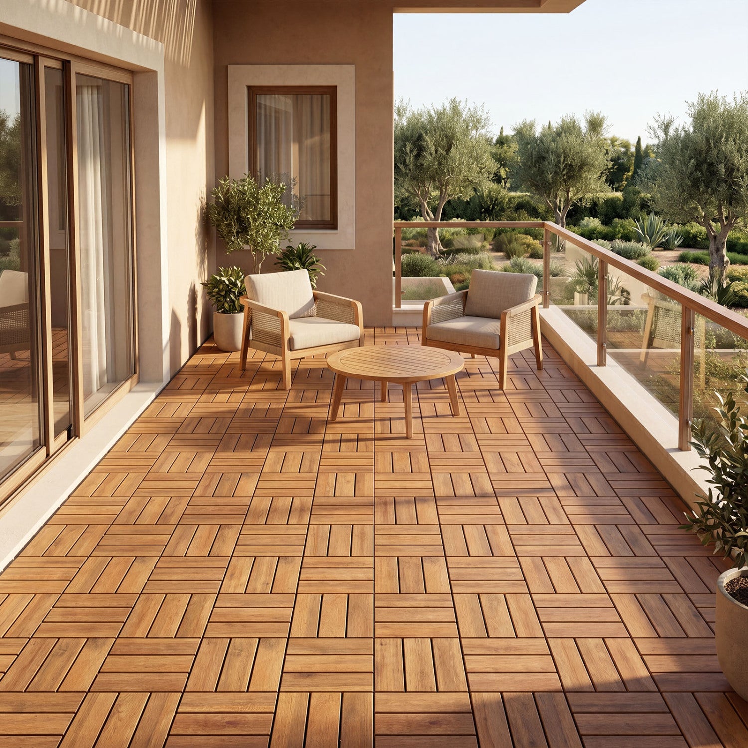 Pair of 12x12 inch natural acacia wood interlocking deck tiles with waterproof design, set of 2, for outdoor flooring.