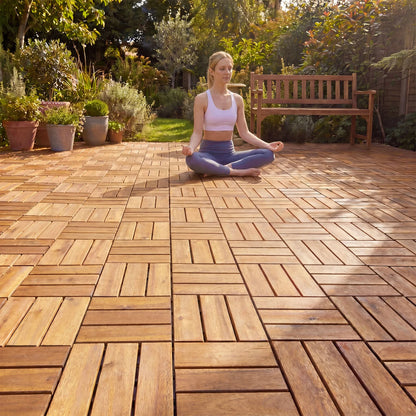 Set of 2 natural acacia wood interlocking deck tiles, 12x12 inches, waterproof design, perfect for outdoor flooring.