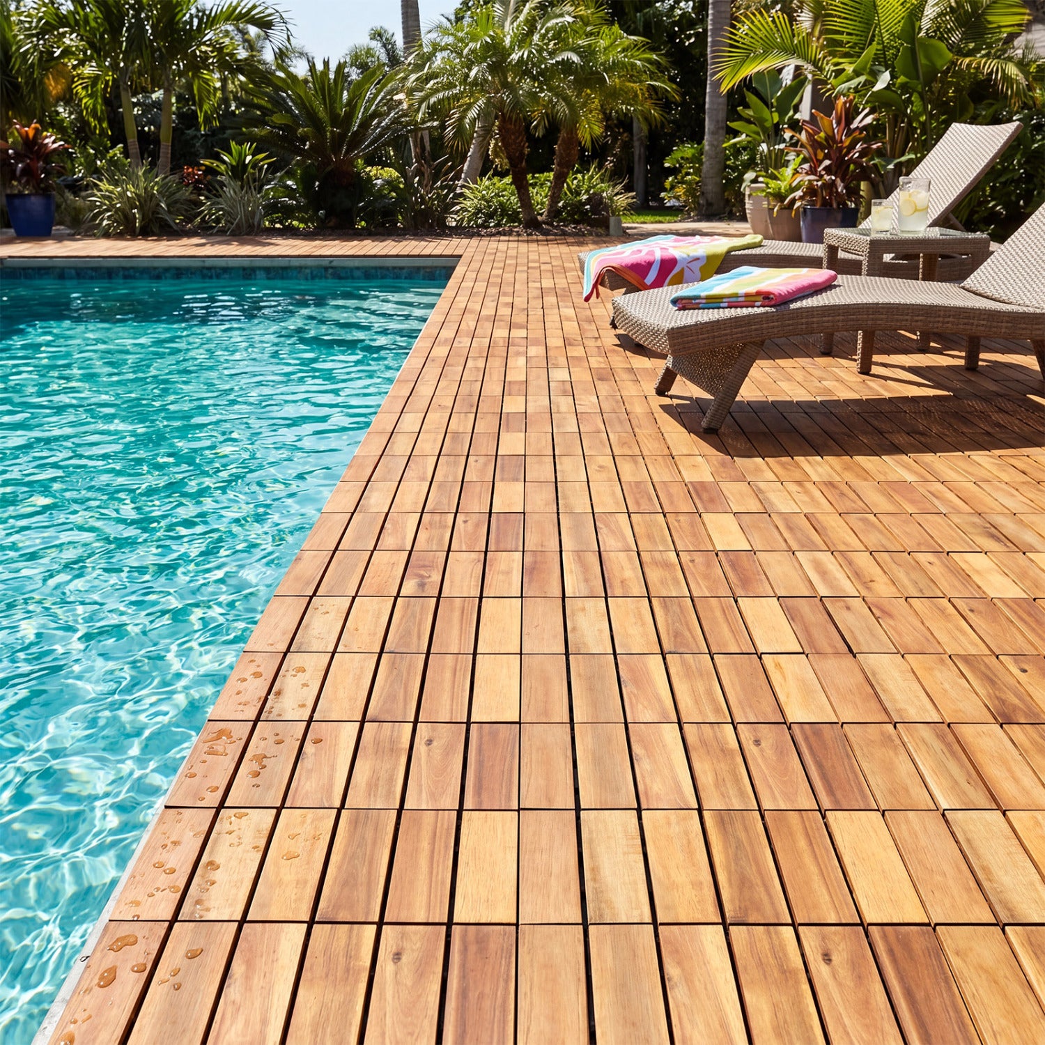 Set of 27 natural acacia wood interlocking deck tiles, 12x12 inches, for outdoor patio or deck flooring.