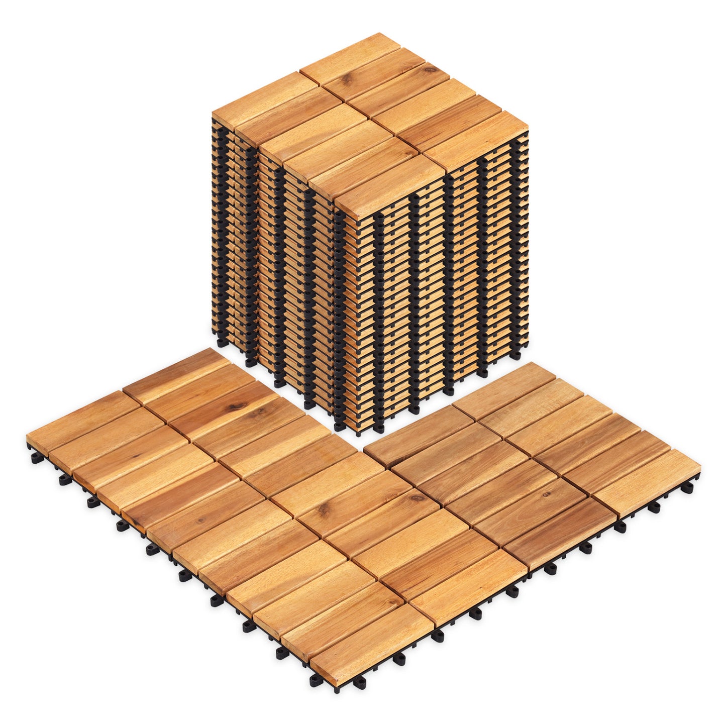 Natural acacia wood interlocking deck tiles, 12 x 12 inches, 27-piece outdoor decor set for stylish patio or balcony flooring.