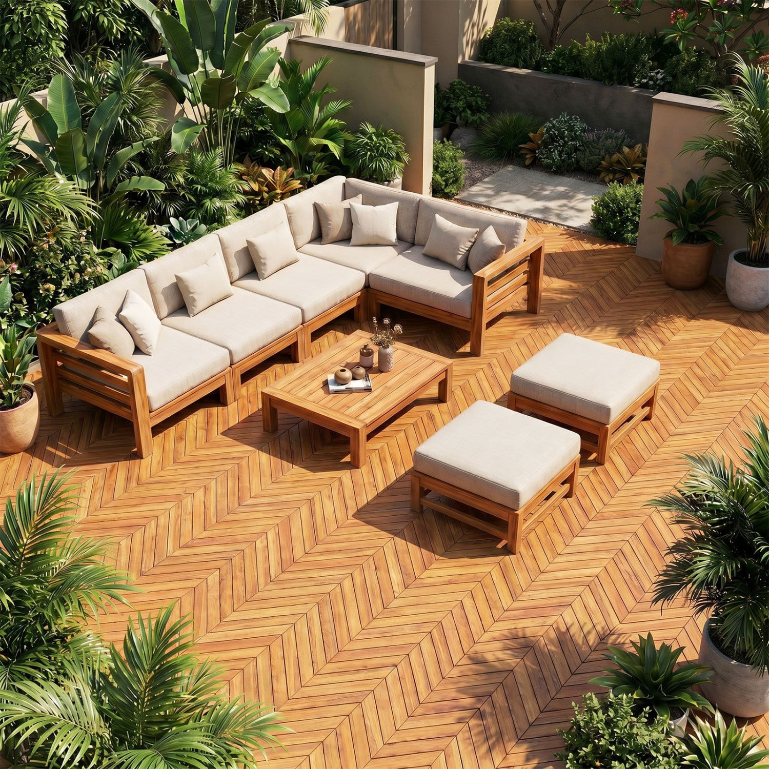 12x12 inch acacia wood interlocking deck tiles in natural finish, 30-piece set for outdoor patio or deck decoration.