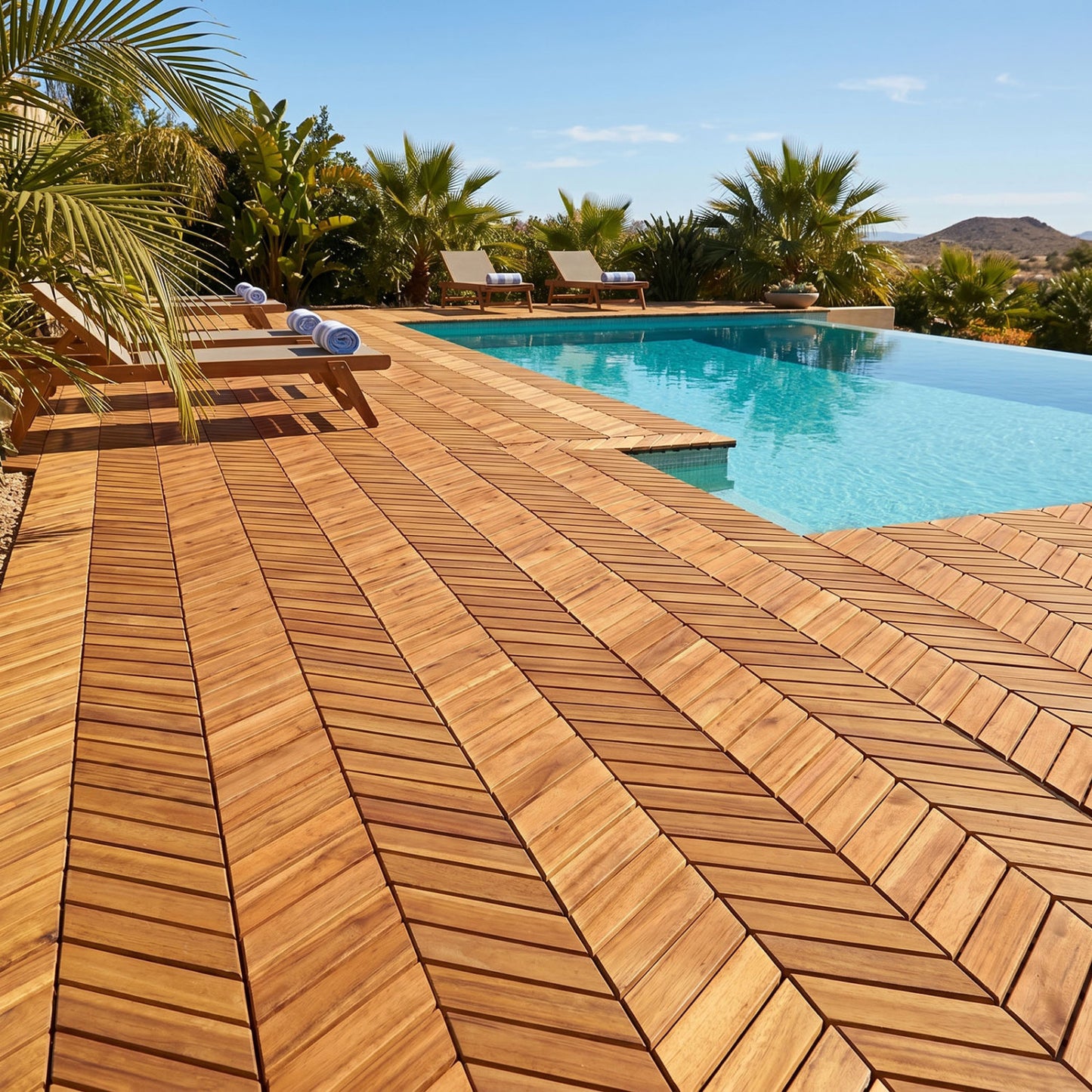Set of 30 natural acacia wood interlocking deck tiles, 12x12 inches, designed for outdoor patios and decking.
