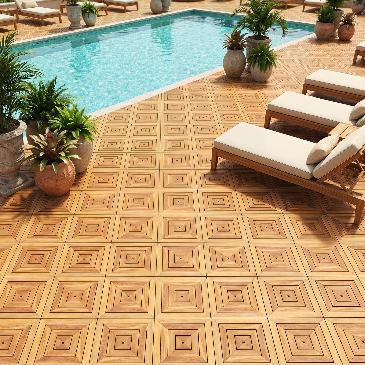 Natural acacia wood interlocking deck tiles, 12x12 inch, waterproof outdoor tiles, 48-piece set, suitable for outdoor decking.