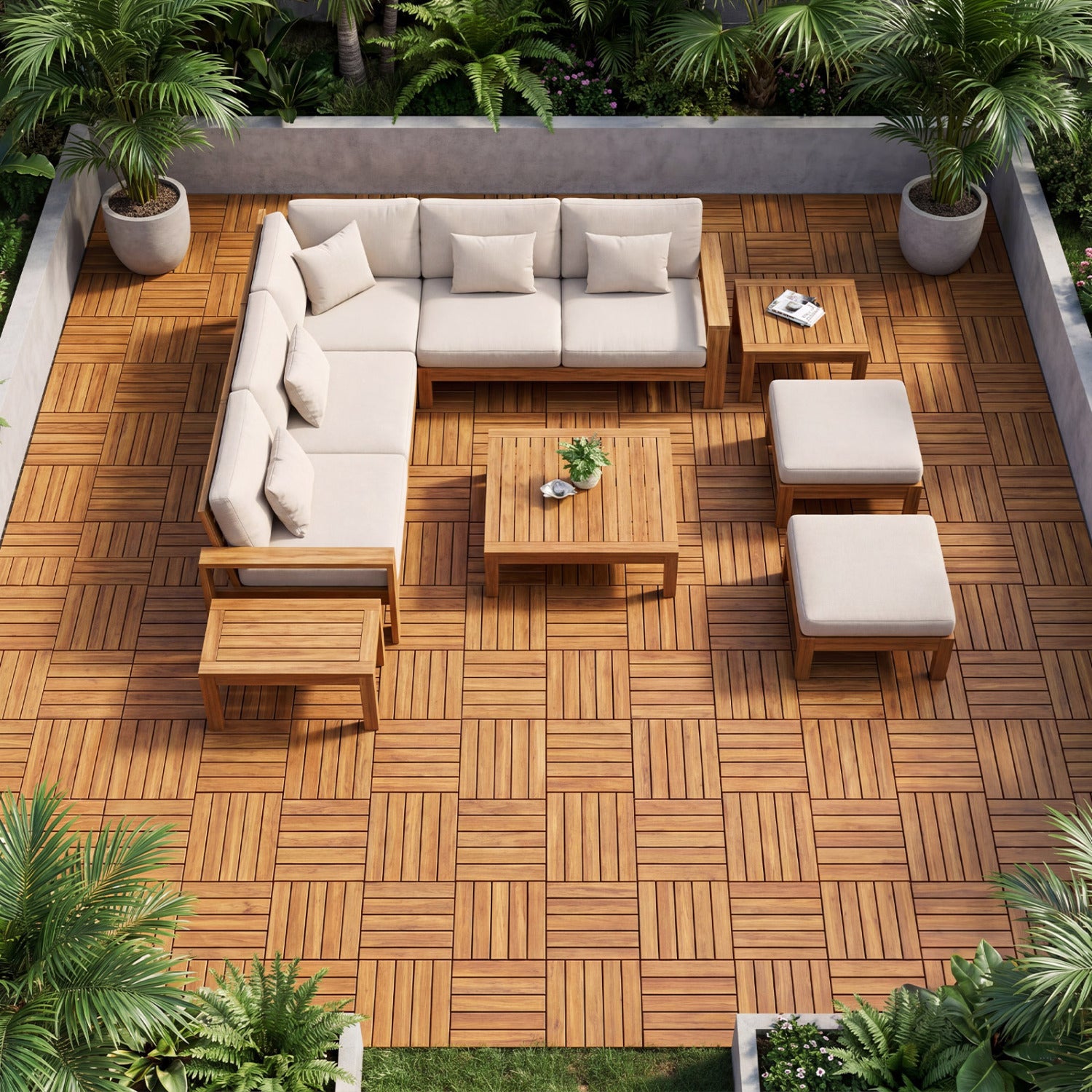12x12 inch acacia wood interlocking deck tiles with 54 pieces, natural finish, ideal for outdoor patio or deck flooring.