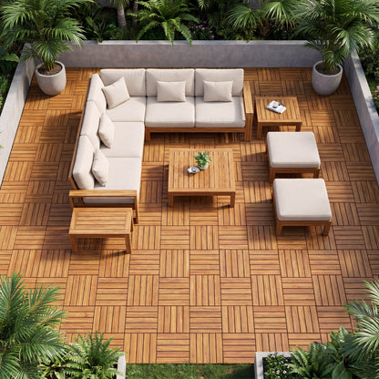 12x12 inch acacia wood interlocking deck tiles with 54 pieces, natural finish, ideal for outdoor patio or deck flooring.