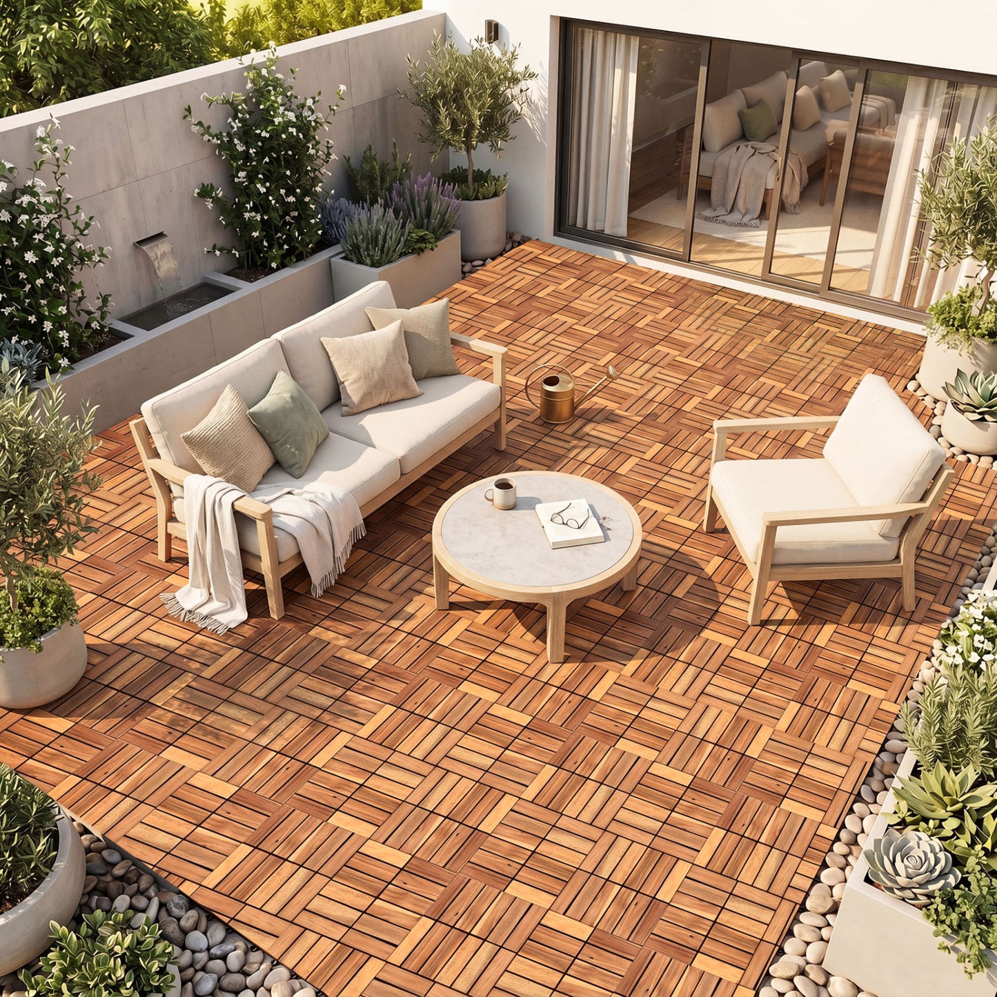 Natural acacia wood interlocking deck tiles, 12x12 inch, waterproof outdoor decor with 54 pieces for patio or balcony flooring.