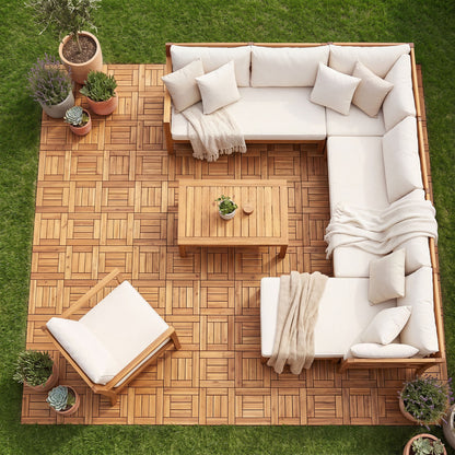 12x12 natural indoor outdoor floor tiles for patio, balcony, backyard, porch, or poolside area, from Wilsons Home Store.