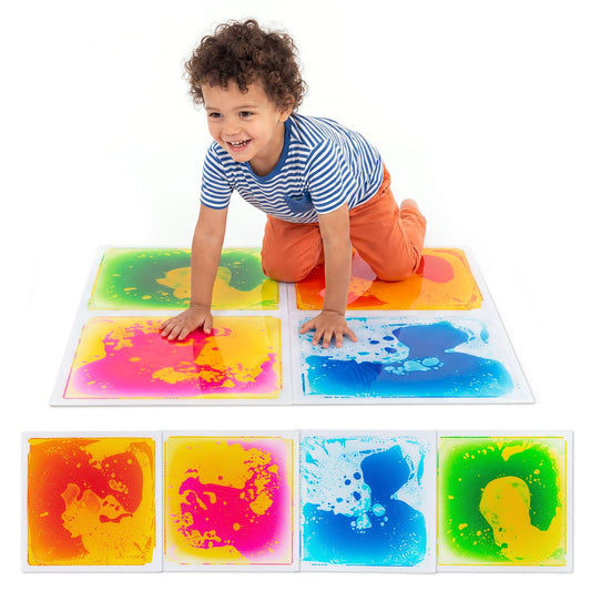 Set of four 12x12 inch toddler sensory floor tiles featuring colorful educational designs for baby and kids play areas.