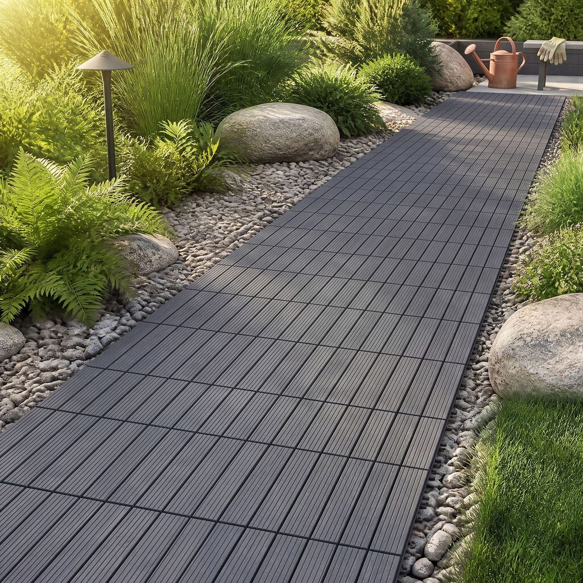 Gray 12x12 waterproof polypropylene plastic interlocking deck tiles for patio, set of 2, designed for outdoor decorating.