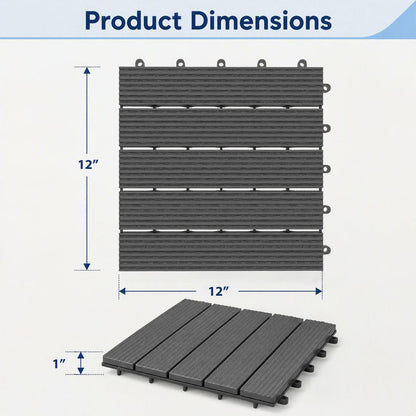 Gray 12x12 waterproof PP plastic interlocking deck tiles for patios, shown in a set of two, designed for outdoor outdoor decor.