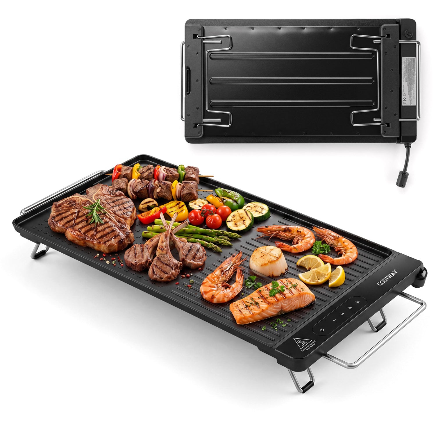 Black 1300W indoor electric grill with removable touch panel, compact kitchen appliance for grilling and cooking.