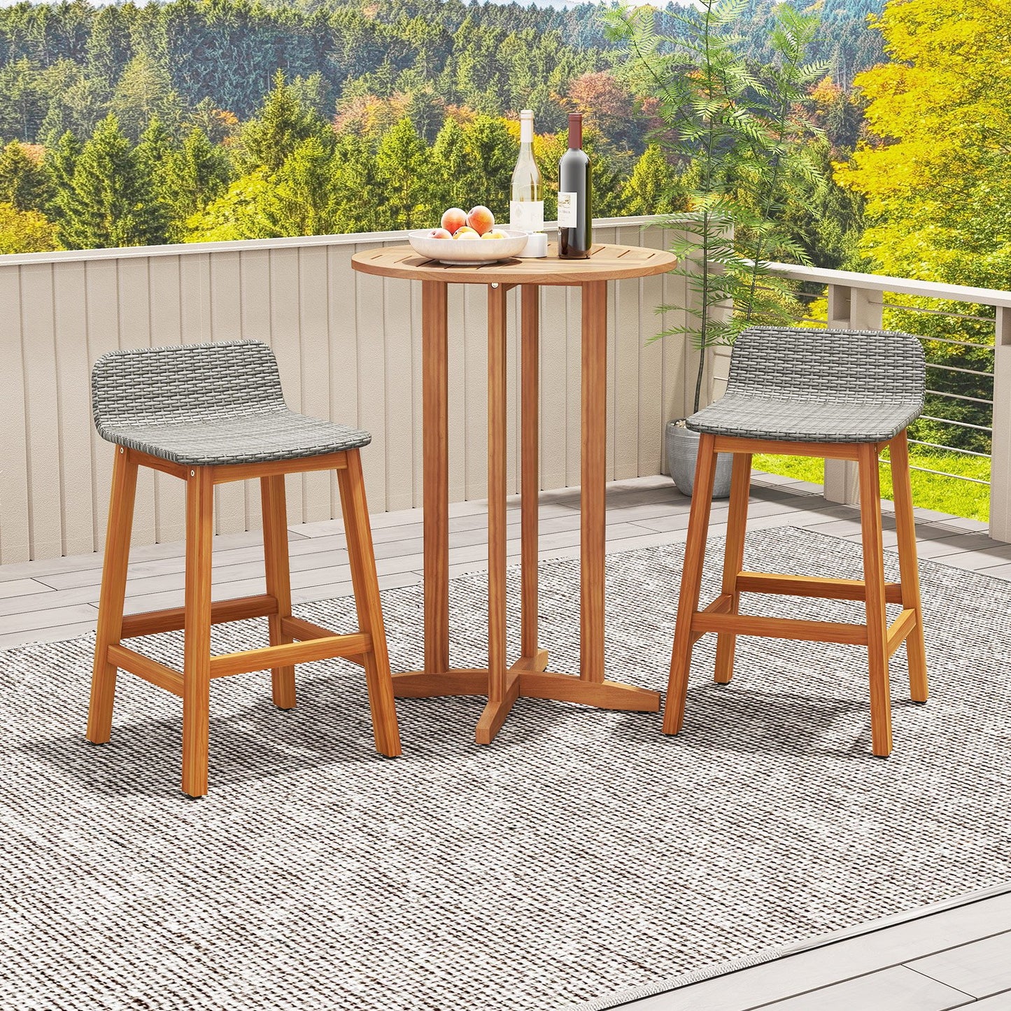 Solid Acacia Wood Bar Stools Set of 2 with Backrests and Footrests for Porch-Brown