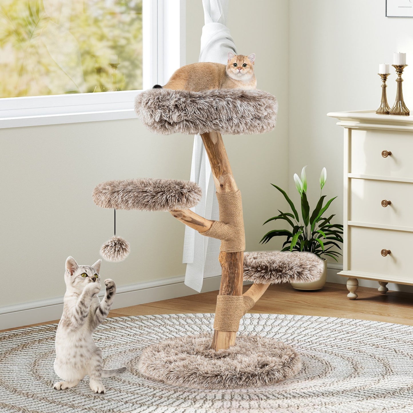 Cat Tree Solid Pear Wood with Perch and Natural Jute Scratching Posts-Brown