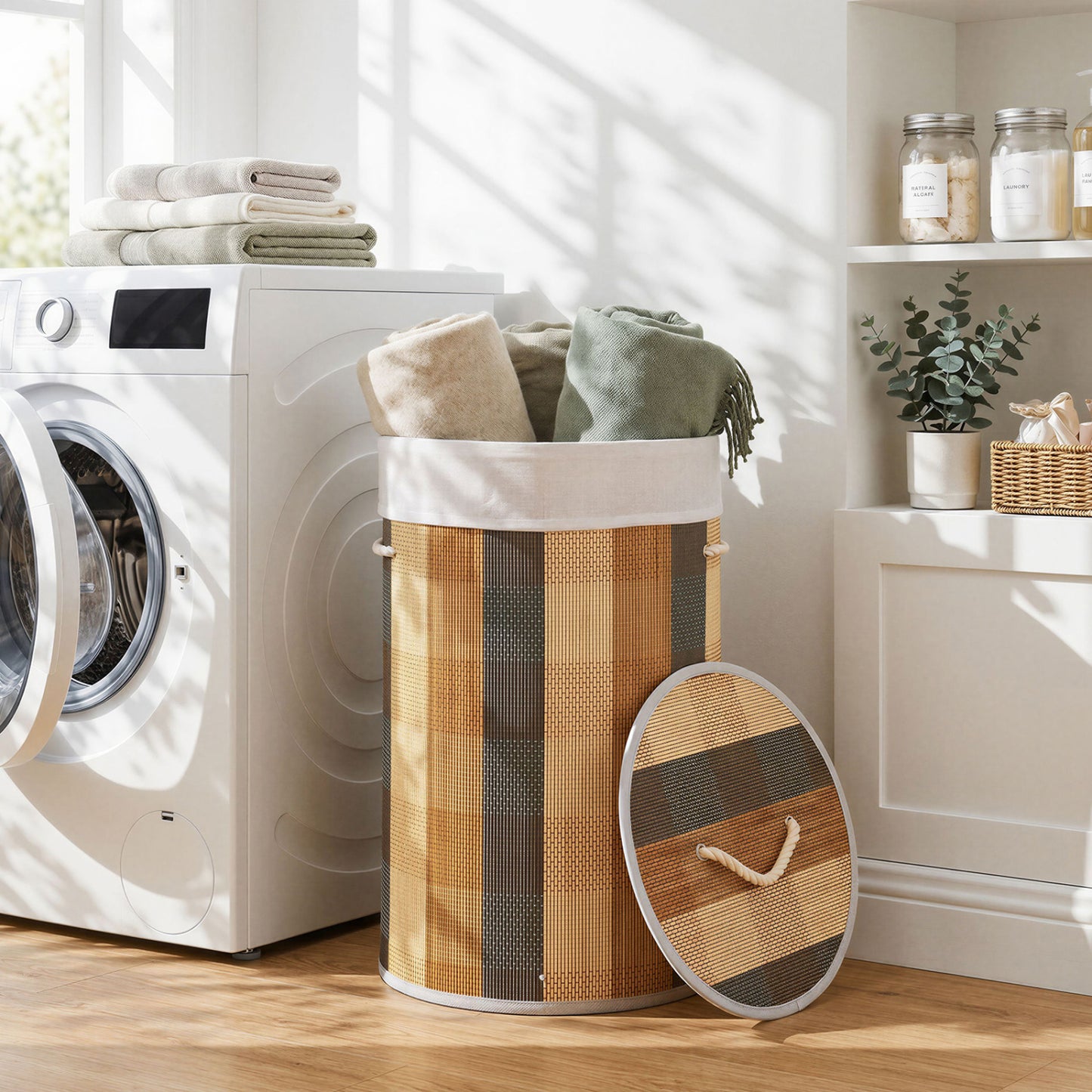 Multicolor 13.2 Gal laundry hamper with removable, machine-washable liner, ideal for bath or laundry room storage.