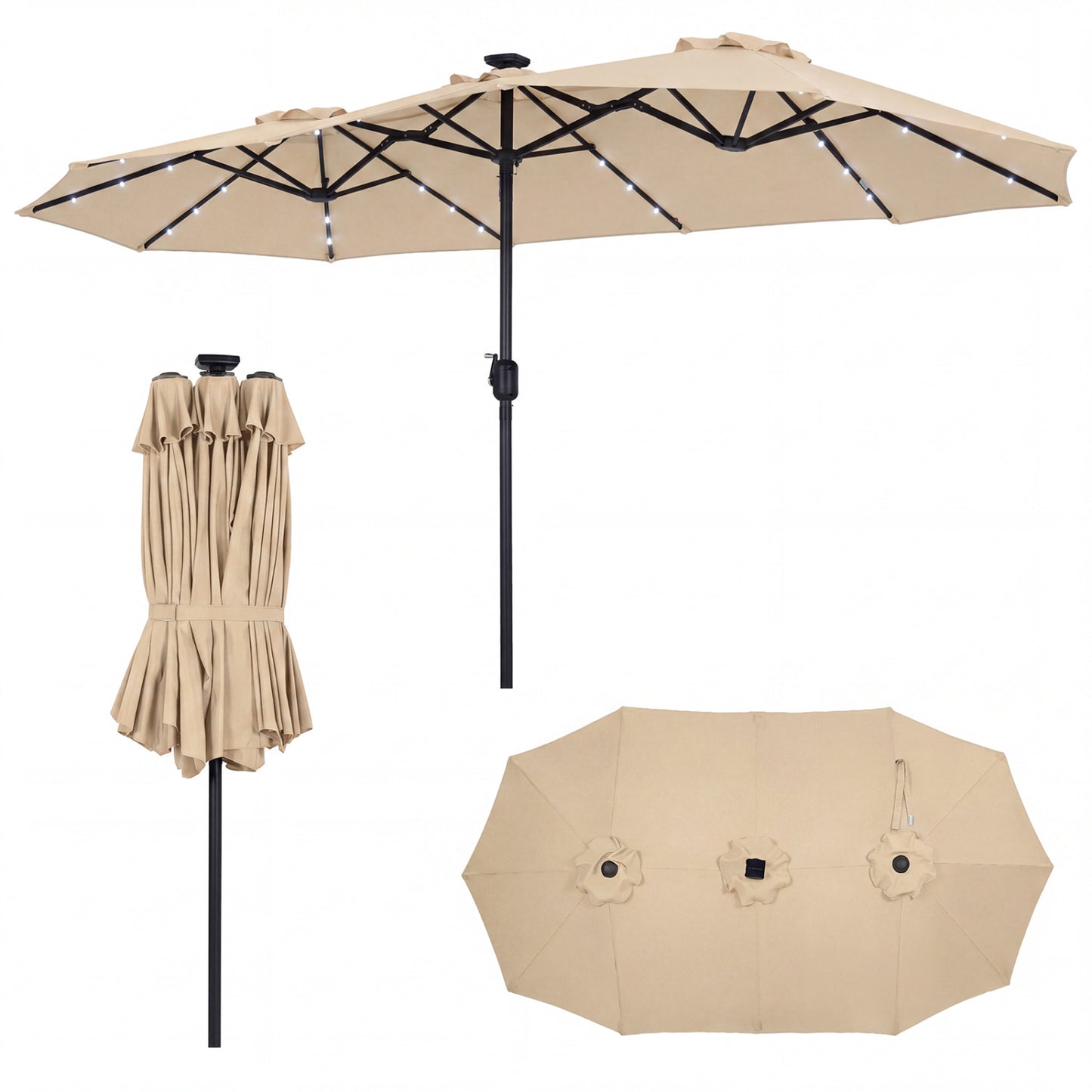 13 FT Double-Sided Patio Umbrella Large Rectangle Market Umbrella with 36 LED Lights-Beige