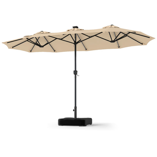 Beige 13 ft double-sided outdoor patio umbrella by Wilsons Home Store with 108 LED lights and included base
