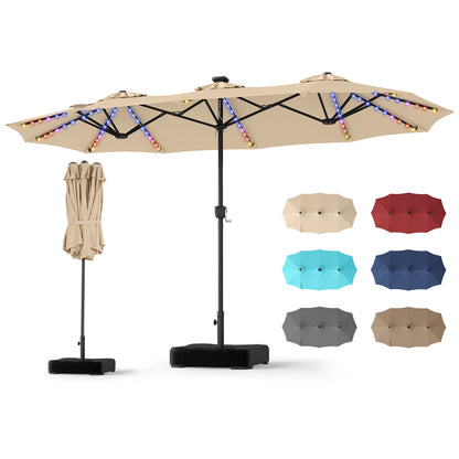 Beige 13 ft double-sided patio umbrella with 108 LED lights and included base, outdoor shade by Wilsons Home Store.