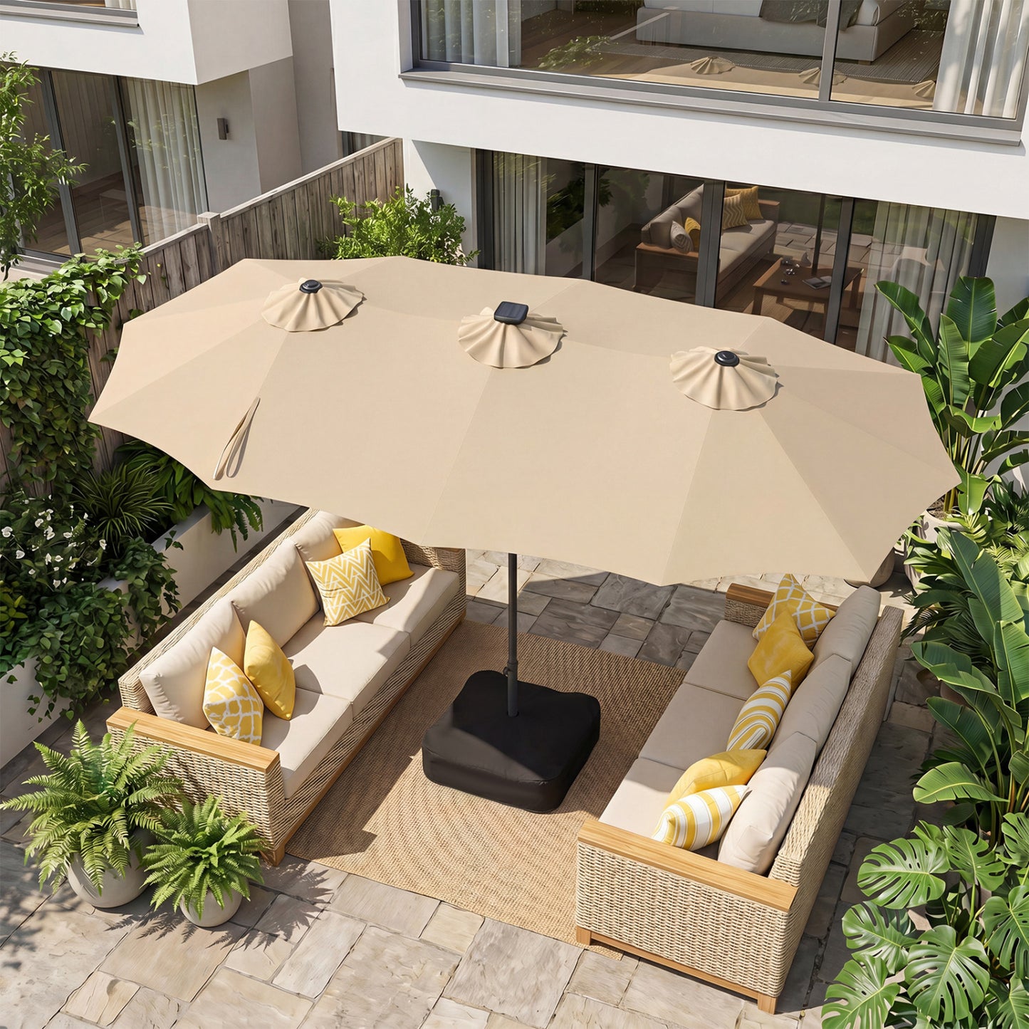 Beige 13 ft double-sided patio umbrella with 108 LED lights and included base, ideal for outdoor shade and comfort.
