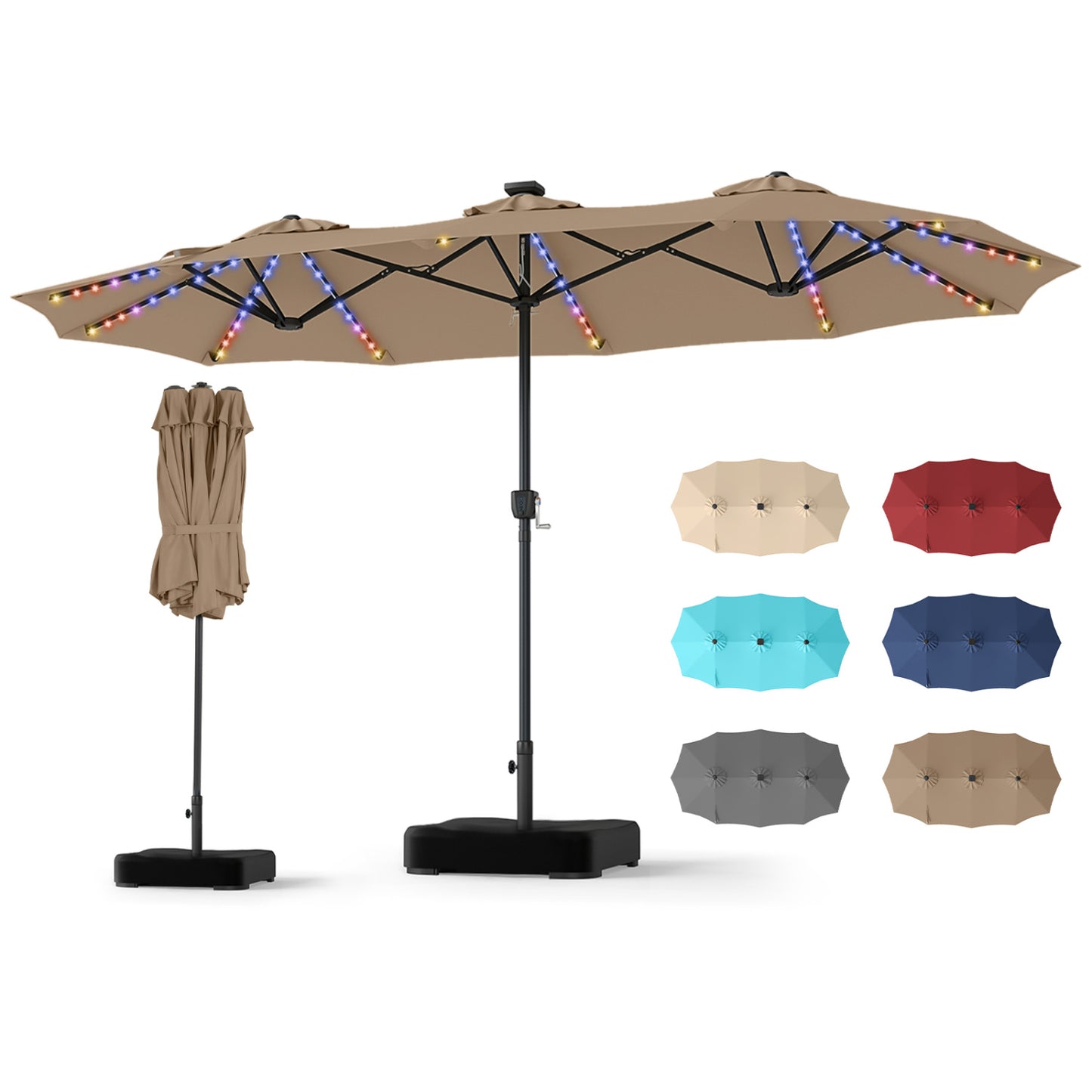 Beige 13 ft double-sided patio umbrella with 108 LED lights and included base, ideal for outdoor shade and ambiance.