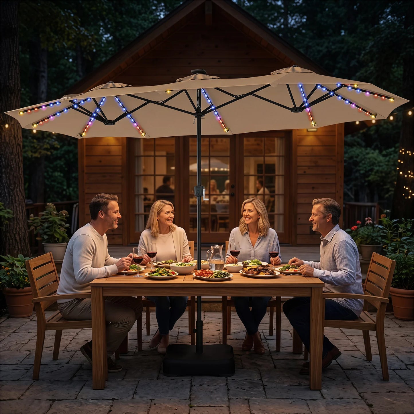 Beige 13 ft double-sided outdoor patio umbrella with 108 LED lights and included base, ideal for outdoor shade and comfort.