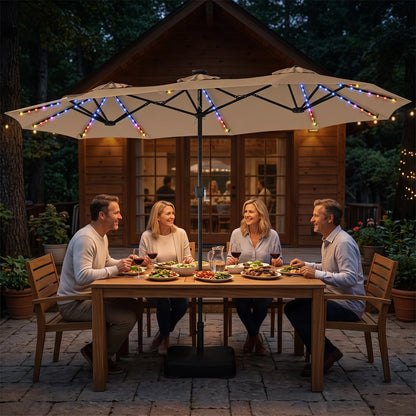 Beige 13 ft double-sided outdoor patio umbrella with 108 LED lights and included base, ideal for outdoor shade and comfort.