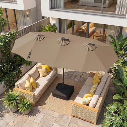 Beige 13 ft double-sided patio umbrella by Wilsons Home Store with 108 LED lights and included base, outdoor shade with LED lighting