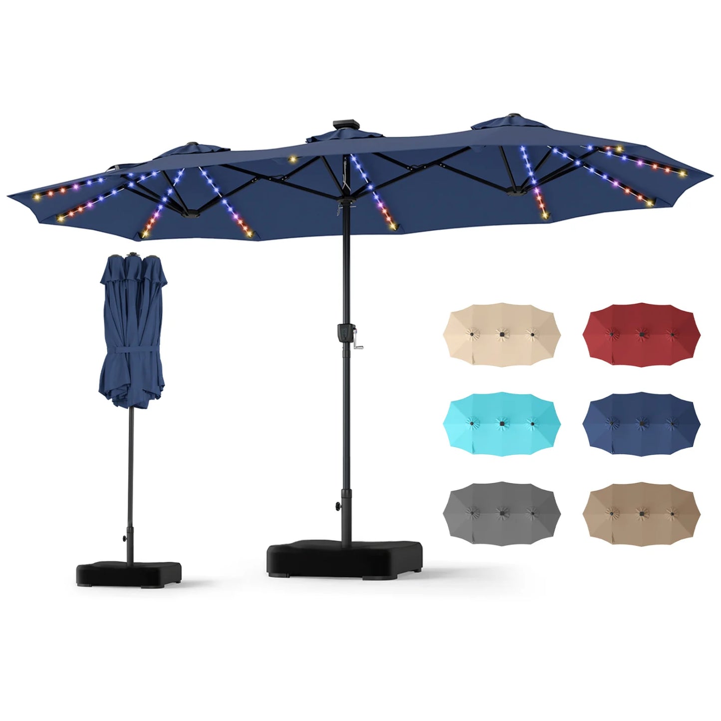 Beige 13 ft double-sided patio umbrella with 108 LED lights and base, ideal for outdoor shading and entertaining.