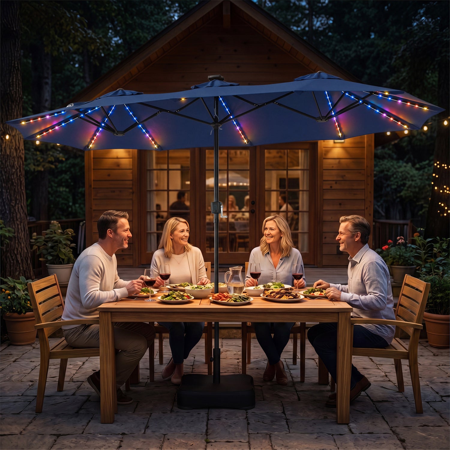 Beige 13 ft double-sided patio umbrella with 108 LED lights and included base, ideal for outdoor shade and entertaining.