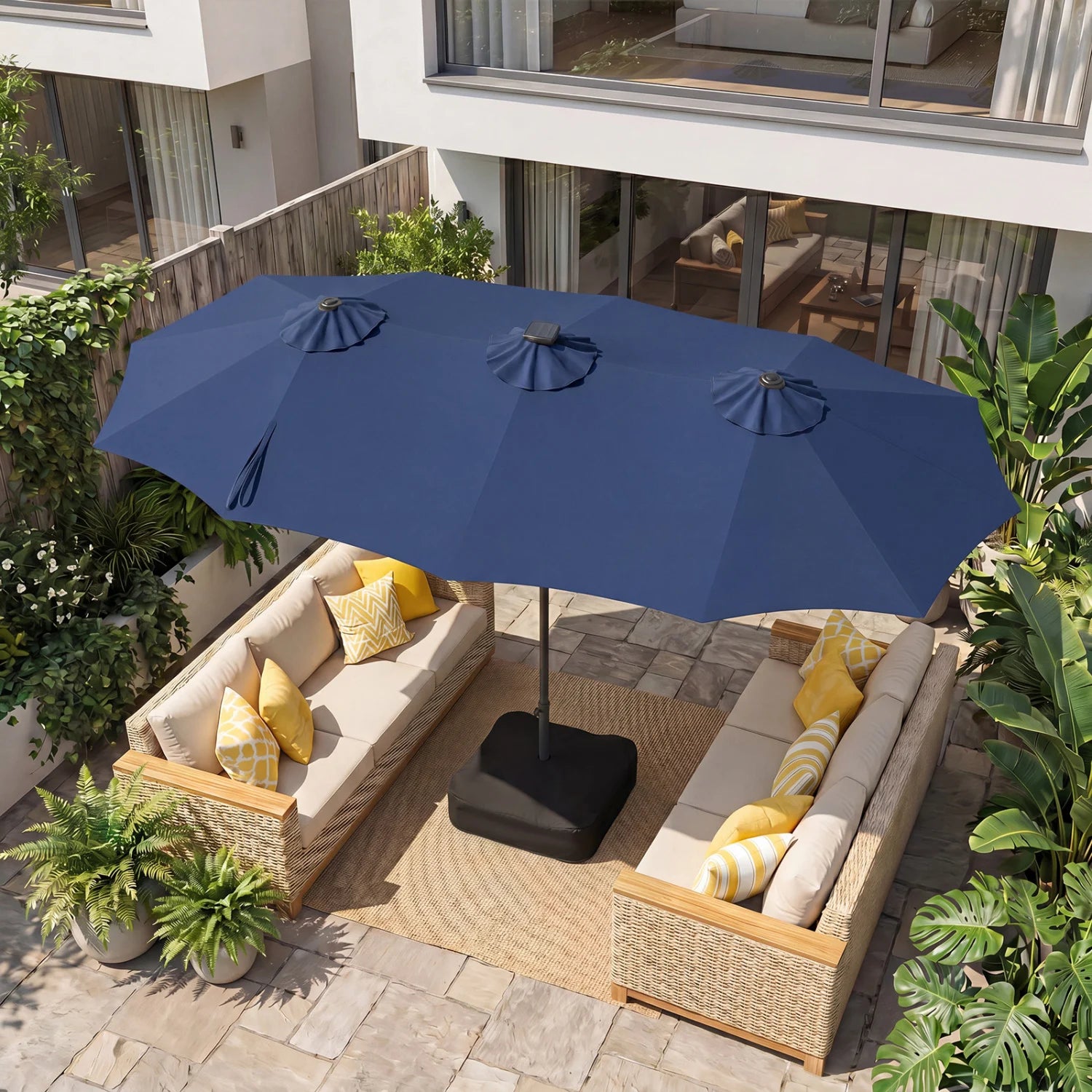 Beige 13 ft double-sided patio umbrella with 108 LED lights and included base, outdoor shade from Wilsons Home Store