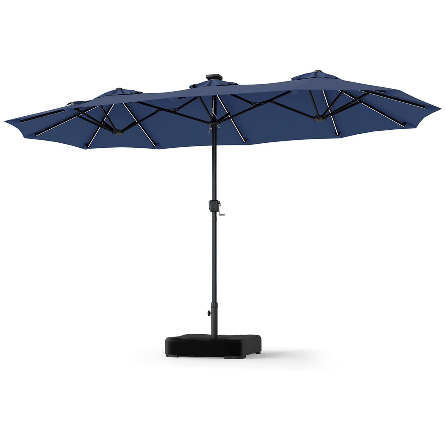 Beige 13 ft double-sided outdoor patio umbrella with 108 LED lights and base, ideal for shaded outdoor spaces.