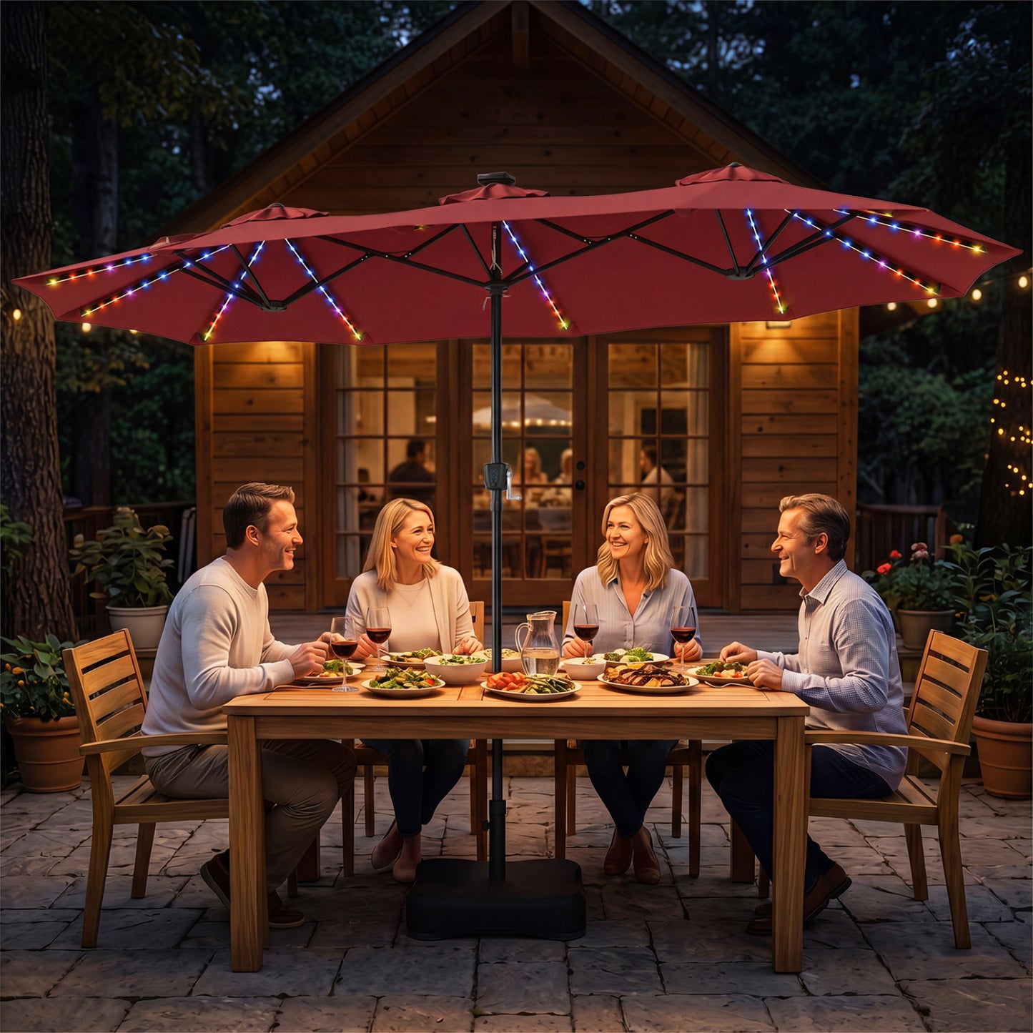 Beige 13 ft double-sided patio umbrella with 108 LED lights and included base, ideal for outdoor shade and lighting.
