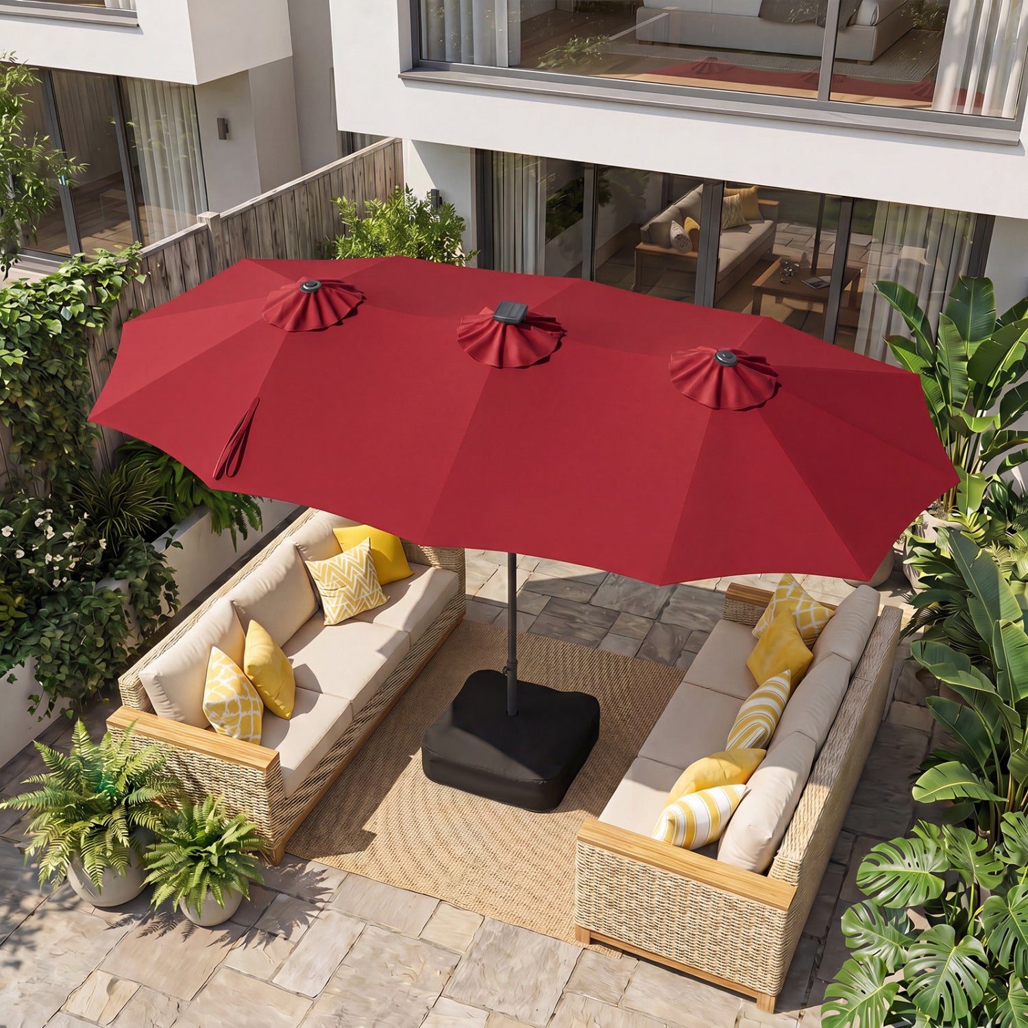 Beige 13-foot double-sided patio umbrella with 108 LED lights and base, ideal for outdoor shade and relaxation.