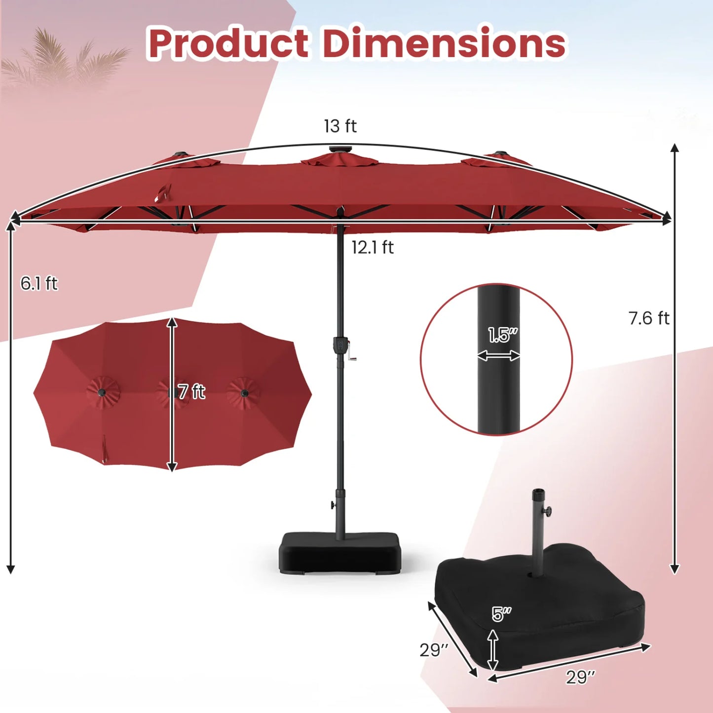 Beige 13 ft double-sided patio umbrella with 108 LED lights and base, outdoor shade by Wilsons Home Store.