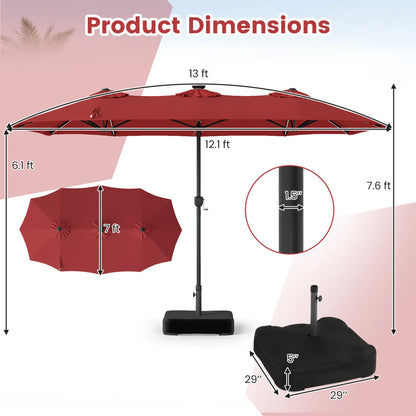 Beige 13 ft double-sided patio umbrella with 108 LED lights and base, outdoor shade by Wilsons Home Store.