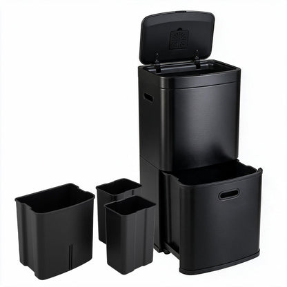 13 Gal Kitchen Trash Can with 3 Removable Bins-Black