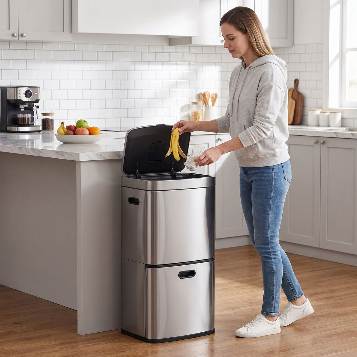13 Gal Kitchen Trash Can with 3 Removable Bins-Black