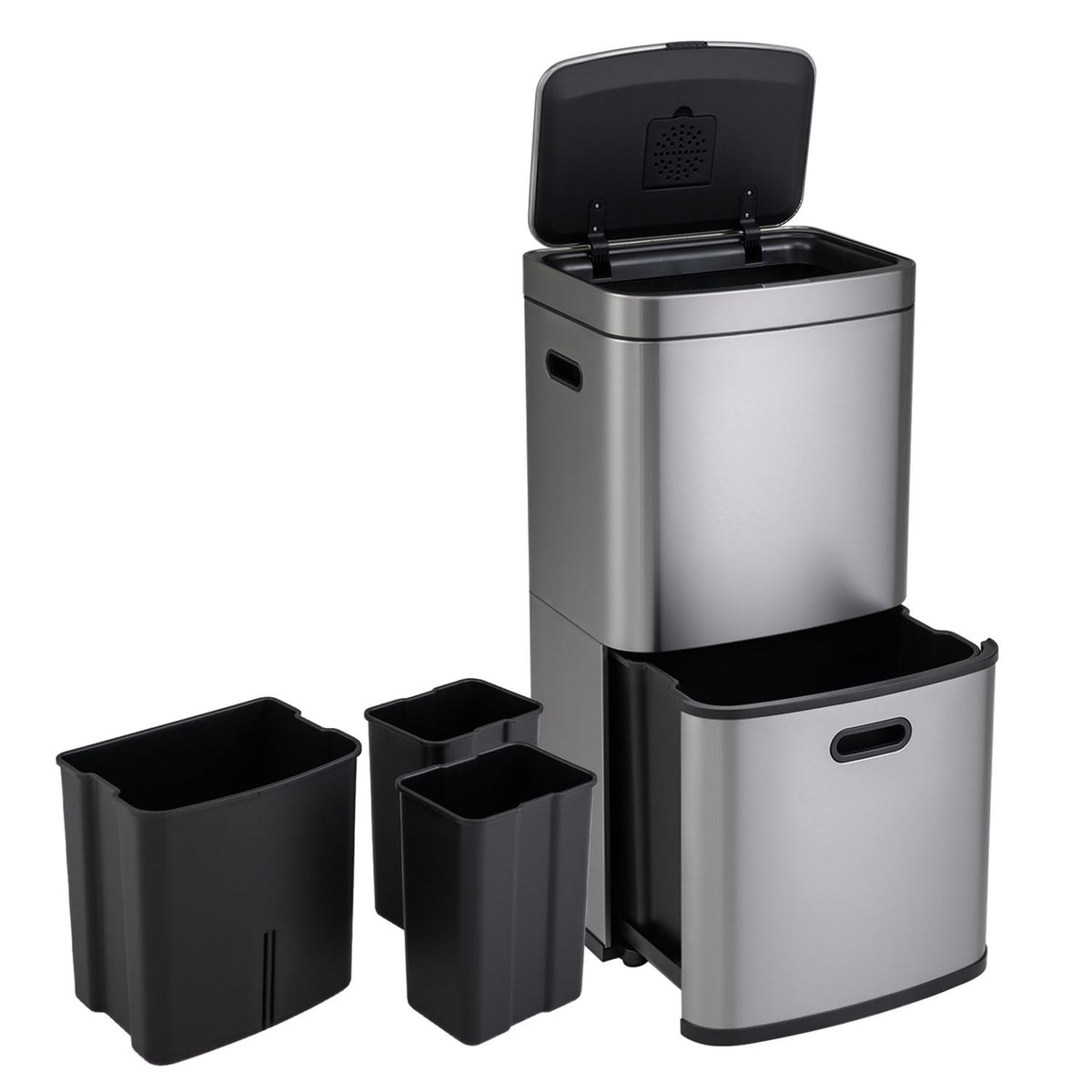 13 Gal Kitchen Trash Can with 3 Removable Bins-Black
