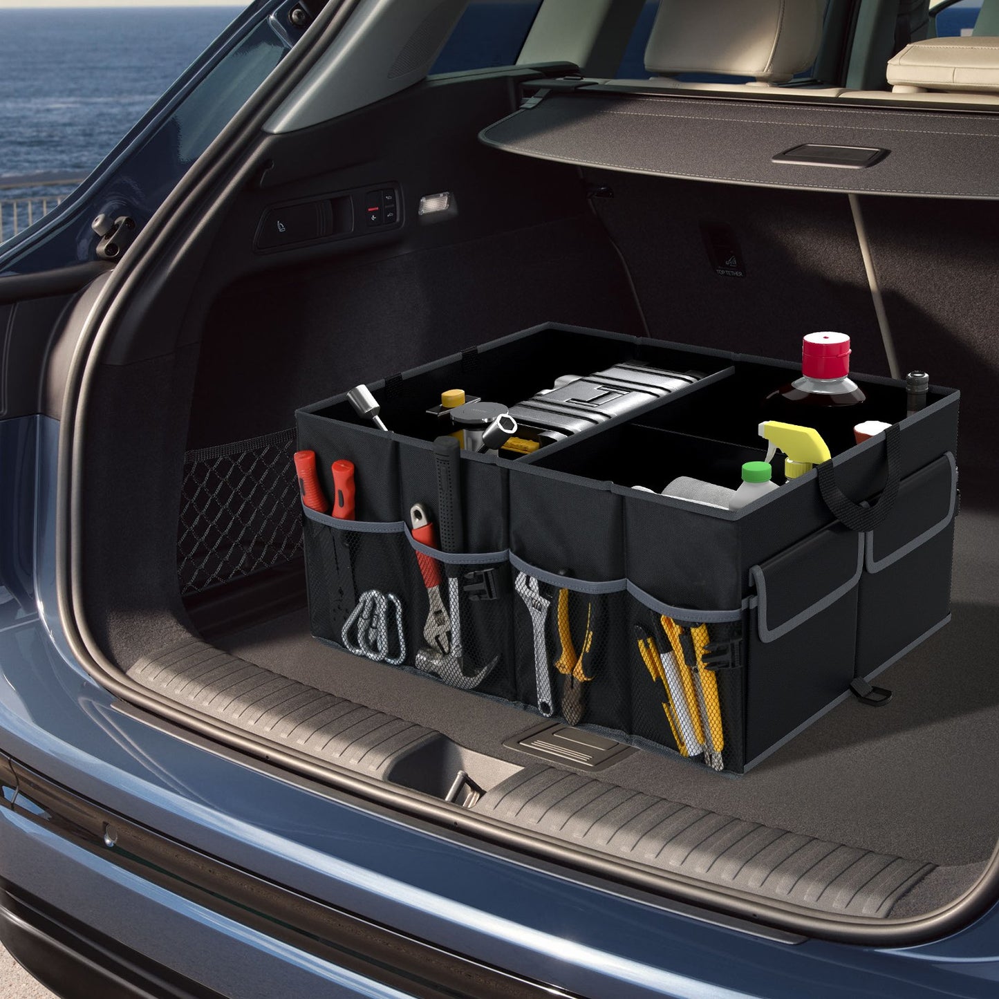 13 Gallon Car Trunk Organizer with Removable Divider and 6 Pockets-Black