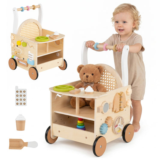 Wooden 13-in-1 toddler push walker with wheels and storage, designed for baby activity and play by Wilsons Home Store