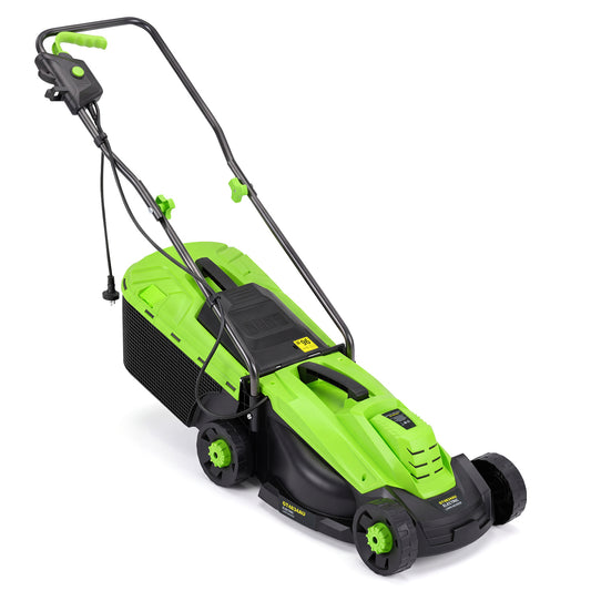 Green 13-inch 12-amp corded electric lawn mower with 3-position height adjustment, ideal for outdoor garden maintenance.