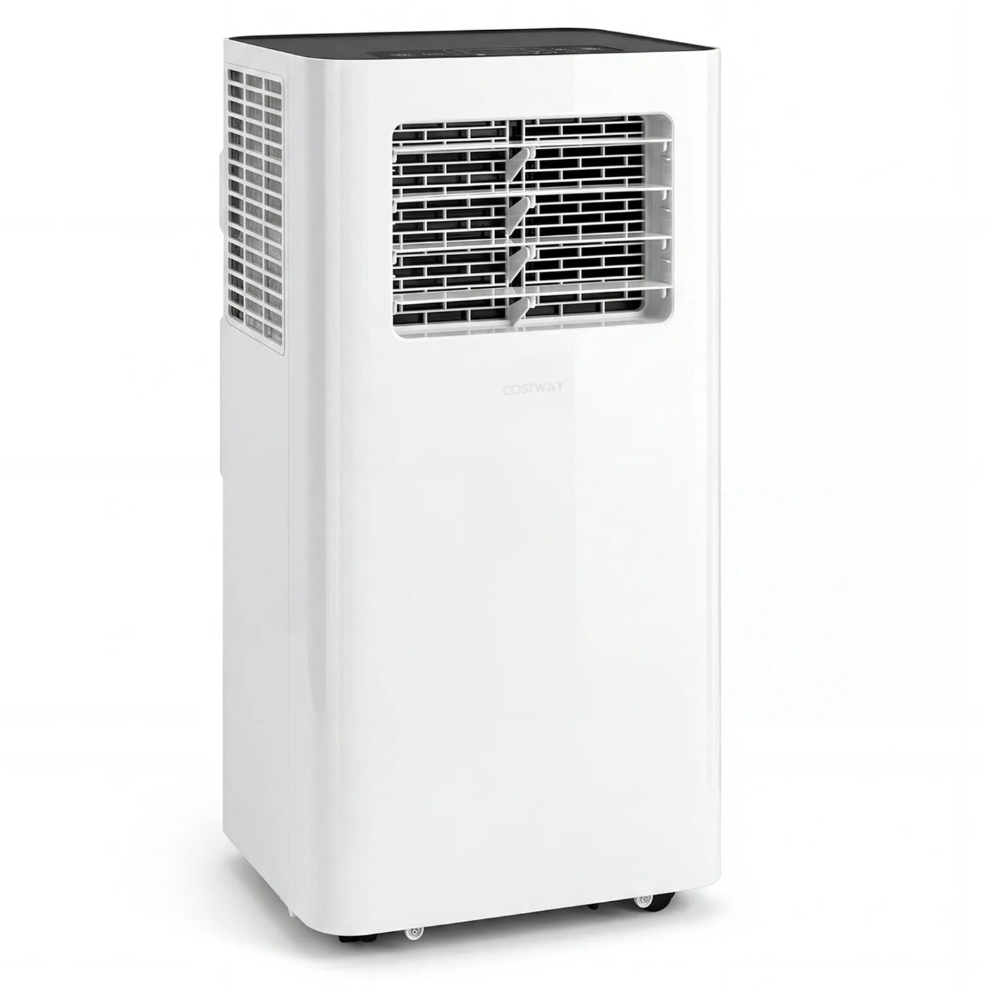 White 14000 BTU 3-in-1 smart portable air conditioner with Wi-Fi, remote control, and window kit for versatile climate control.