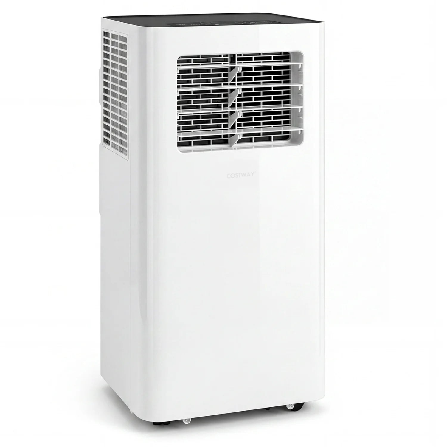 White 14000 BTU 3-in-1 smart portable air conditioner with Wi-Fi, remote control, and window kit for versatile climate control.