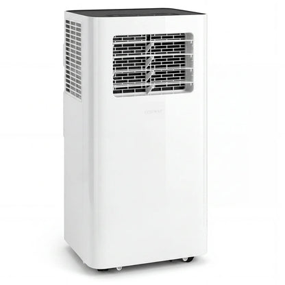White 14000 BTU 3-in-1 smart portable air conditioner with Wi-Fi, remote control, and window kit for versatile climate control.