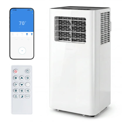 White 14000 BTU 3-in-1 smart portable air conditioner with Wi-Fi, remote control, and window kit for climate control.