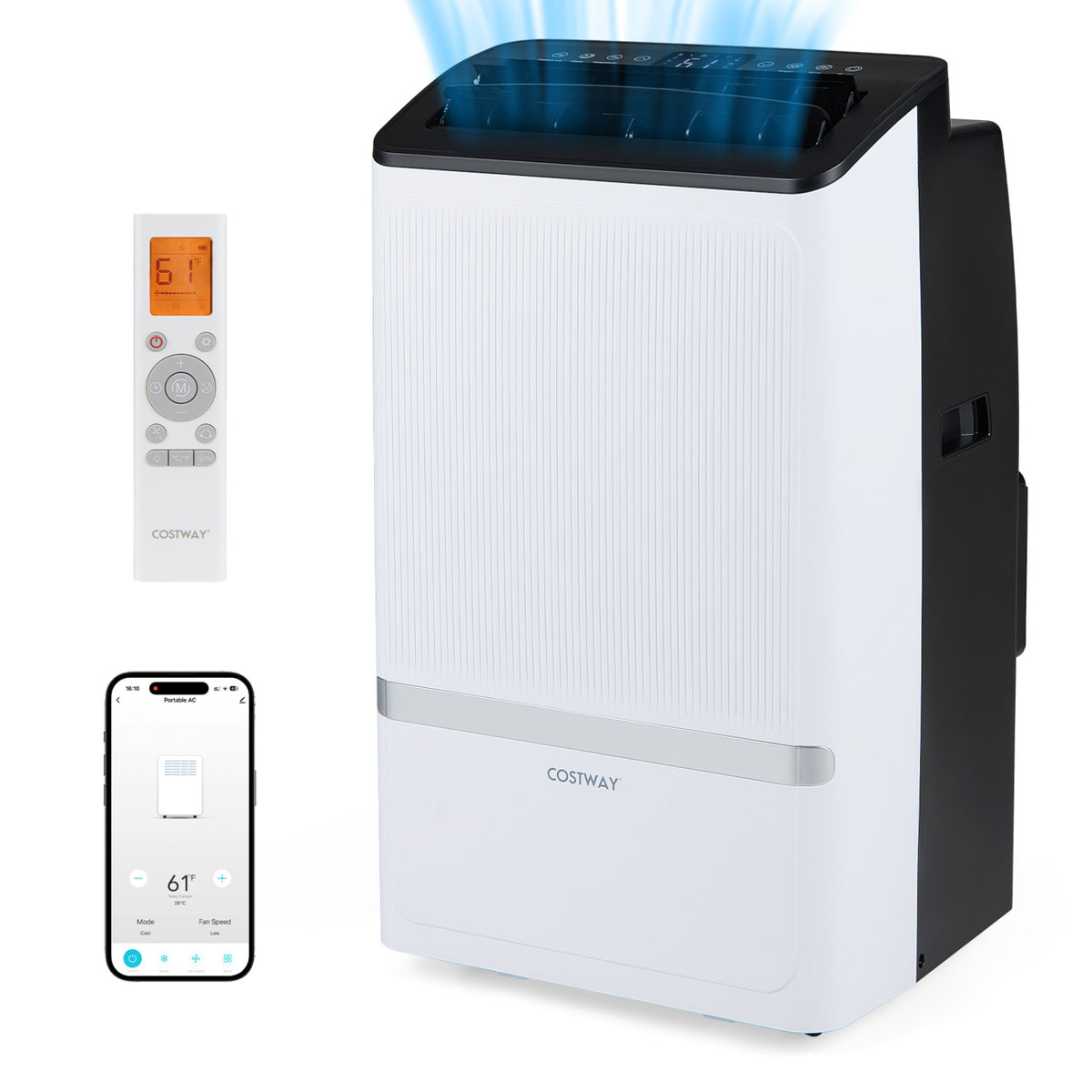 Black 14000 BTU WiFi-enabled portable air conditioner with dehumidifier and 24-hour timer, designed for easy climate control.