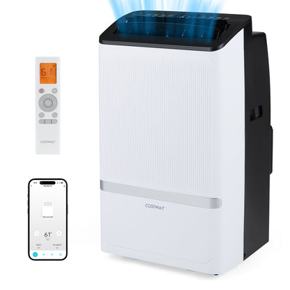 Black 14000 BTU WiFi-enabled portable air conditioner with dehumidifier and 24-hour timer, designed for easy climate control.