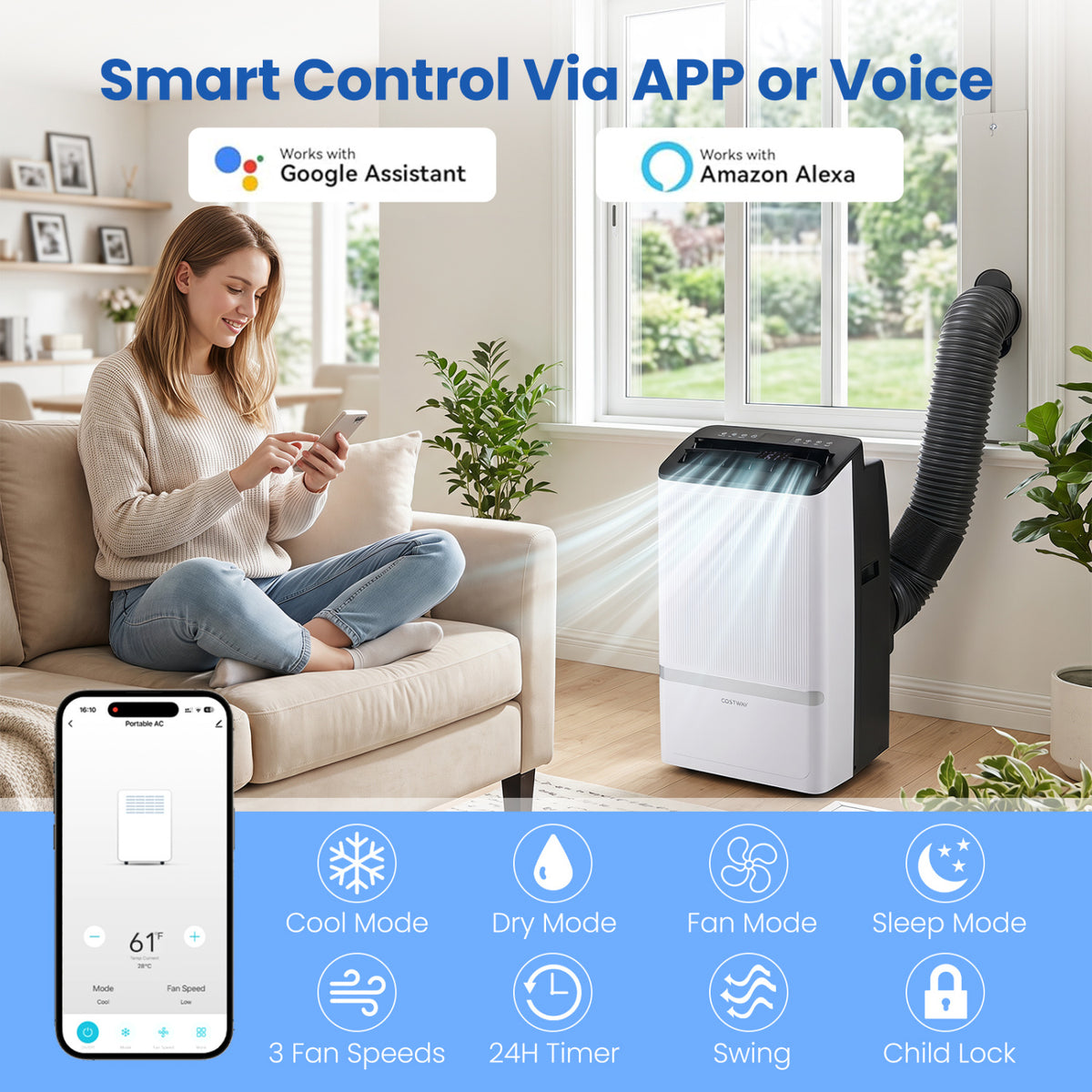 Black 14000 BTU WiFi-enabled portable air conditioner with dehumidifier and 24-hour timer by Wilsons for climate control.