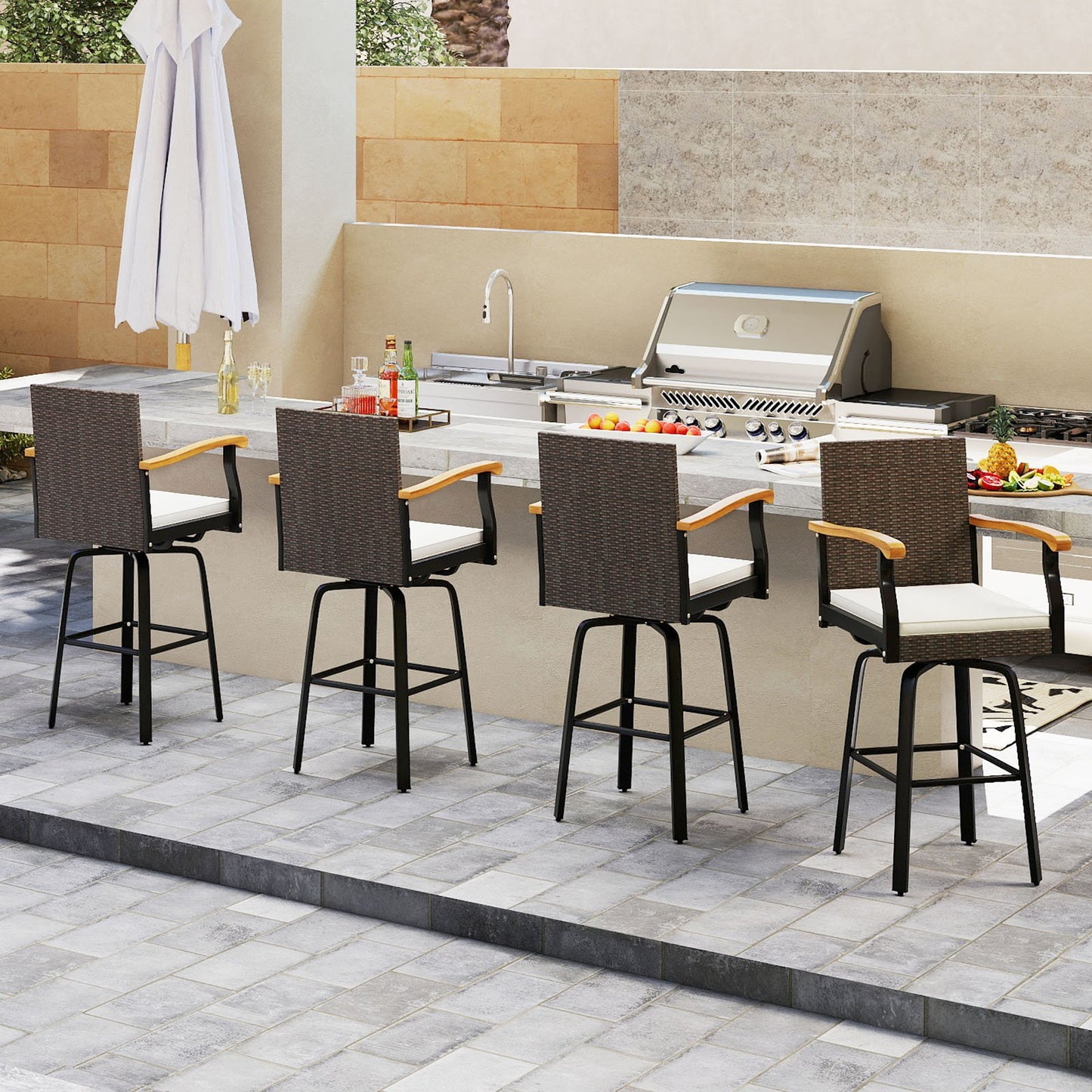 Set of 2 Outdoor 360° Swivel Bar Stool with Cushion and Acacia Wood Armrests